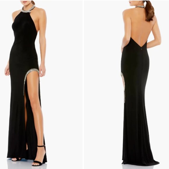 MACDUGGAL 26553 HIGH SLIT HALTERRHINESTONE ACCENTS BLACK GOWNsz 6